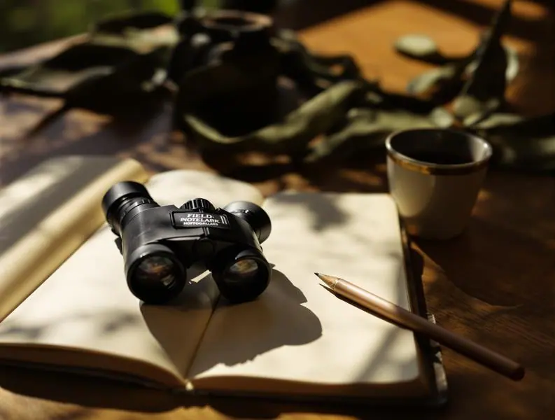 Binoculars resting on a wooden table beside a field notebook